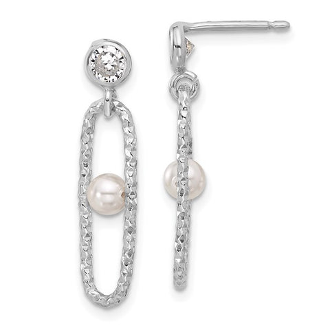 Sterling Silver Polished Cubic Zirconia & Crystal Pearl Dangle Post Earrings
