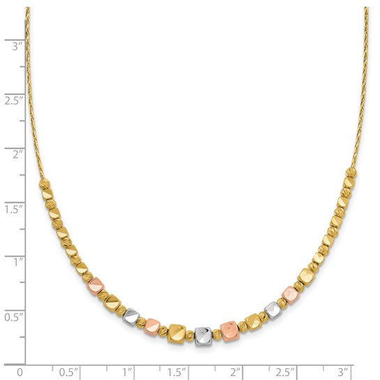 14k Tri-Color Polished & Diamond-Cut Square Beaded Necklace