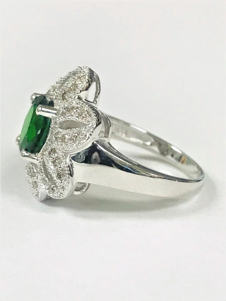 14k Oval Chrome Diopside & Melee Diamond Ring