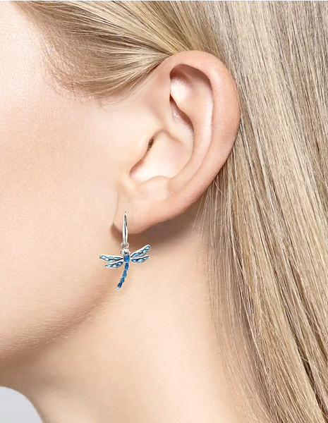 Sterling Silver Blue Plique-A-Jour Dragonfly Wire Earrings with White Sapphires