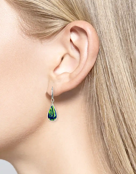 Sterling Silver Blue-Green Aurora Teardrop Enamel Wire Earrings