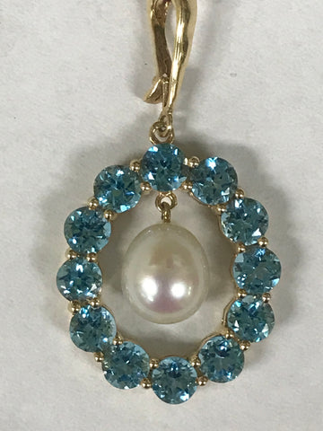 14k Blue Topaz & Fresh Water Pearl Pendant