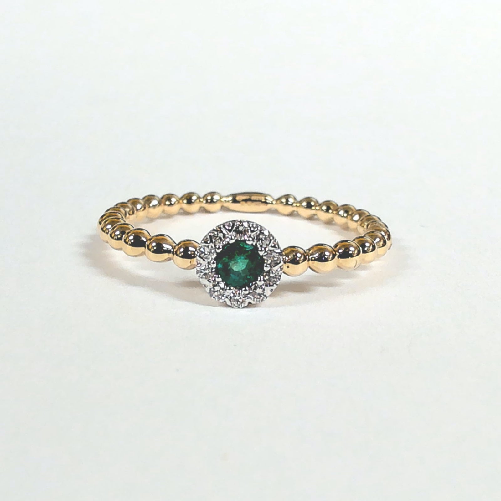 14k Emerald & Diamond Halo Beaded Ring