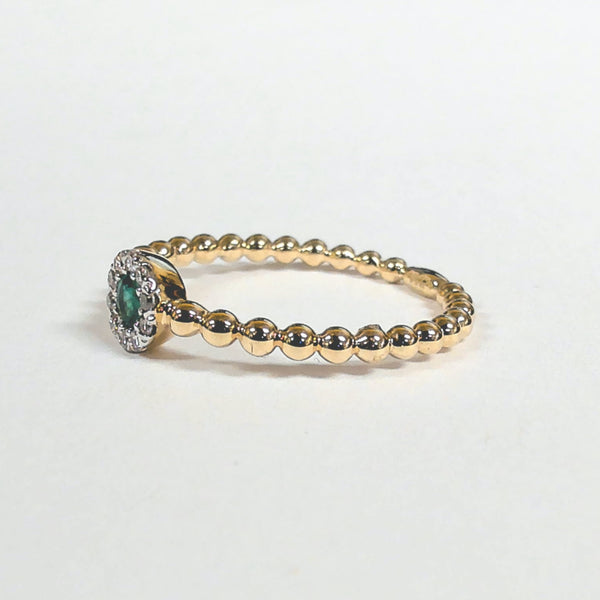 14k Emerald & Diamond Halo Beaded Ring