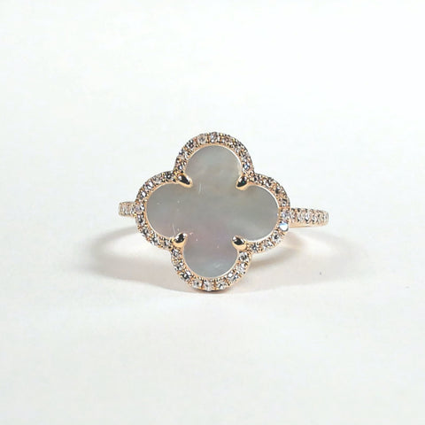 14K Mother Of Pearl & Diamond Clover Ring