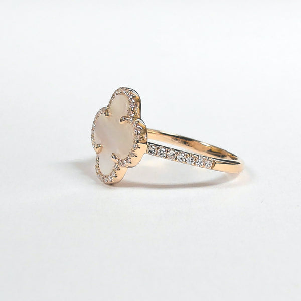 14K Mother Of Pearl & Diamond Clover Ring