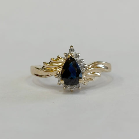 10k Pear-Cut Blue Sapphire & Melee Diamond Ring
