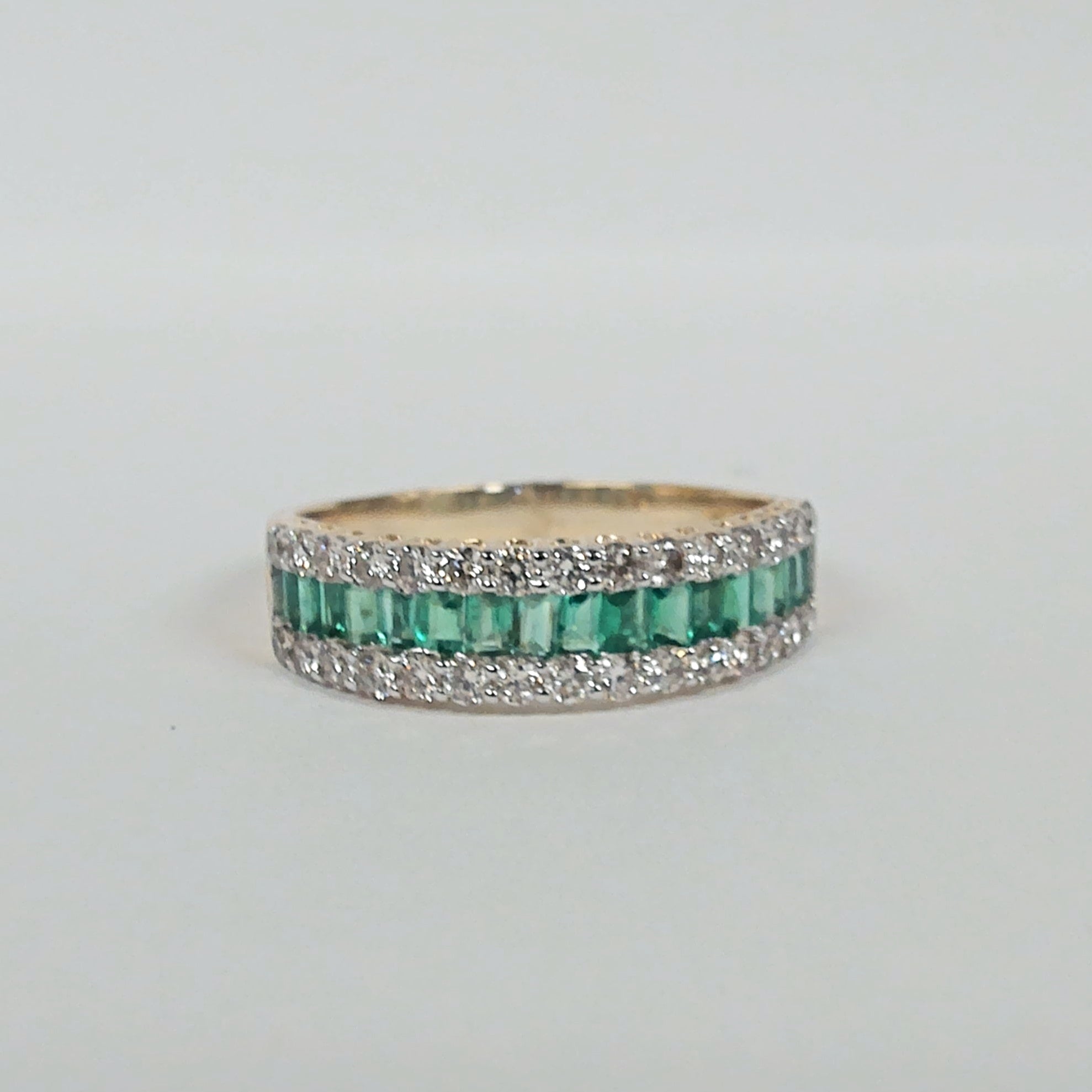 14k Baguette Emerald & Round Diamond Band