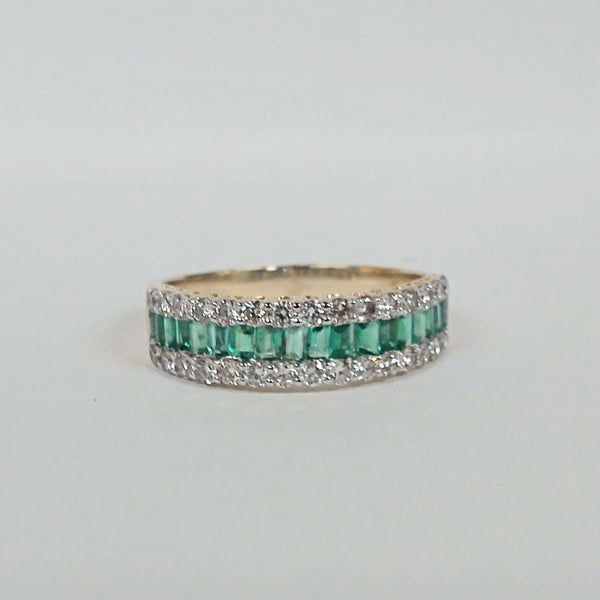 14k Baguette Emerald & Round Diamond Band