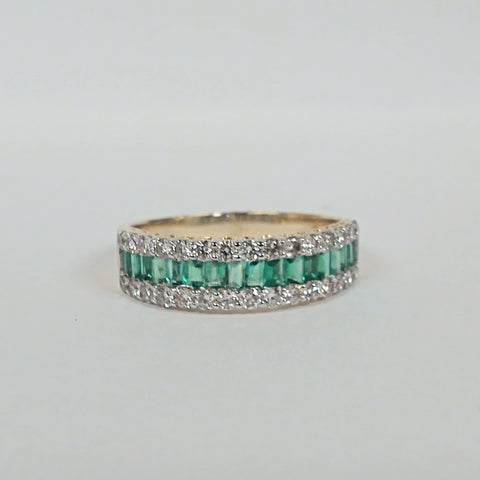 14k Baguette Emerald & Round Diamond Band