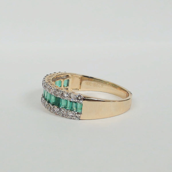 14k Baguette Emerald & Round Diamond Band