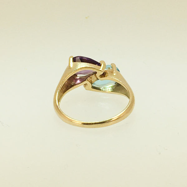 14k Pear Blue Topaz & Amethyst Ring