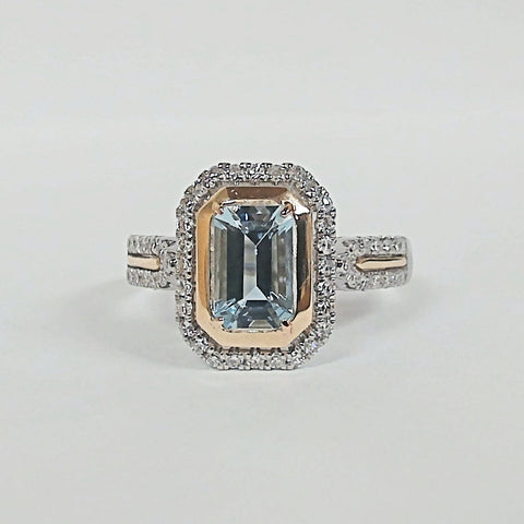 14KTT Emerald-Cut Aquamarine & Diamond Ring