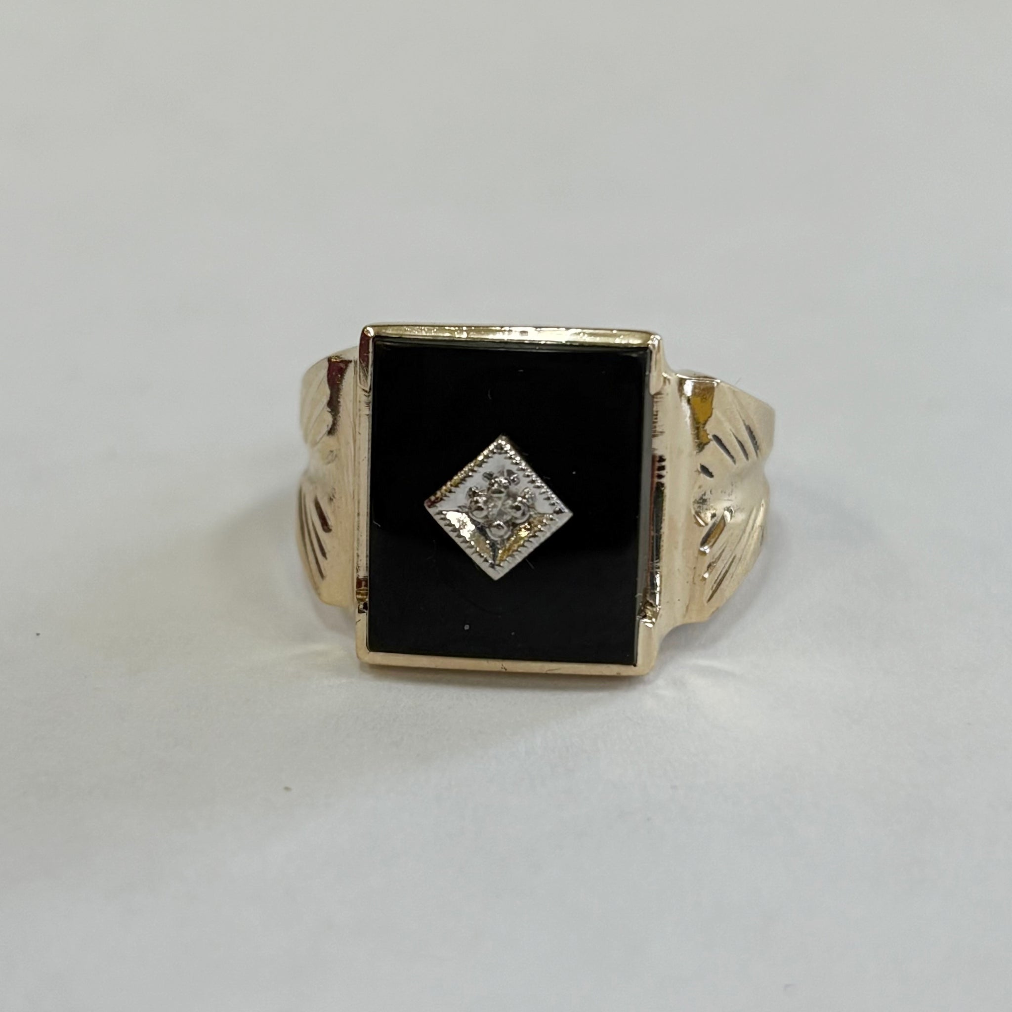 10k Square Black Onyx & Melee Diamond Ring