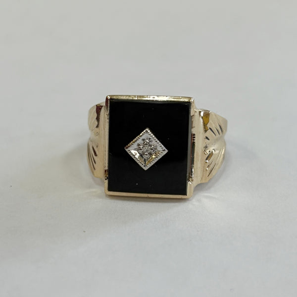 10k Square Black Onyx & Melee Diamond Ring