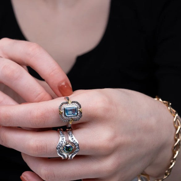 Sterling & 10k Octagon Blue Topaz Celestial Ring