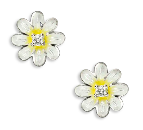 Sterling Silver White/Yellow Daisy Enamel & White Sapphire Post Earrings