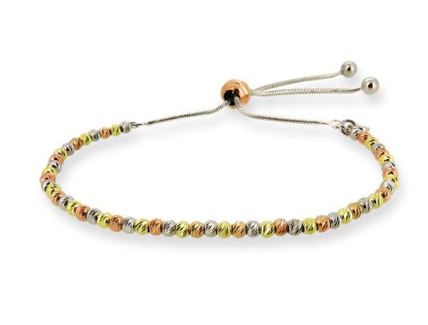 Sterling Silver / Tri-Color Gold-Plated Diamond-Cut Beaded Bolo Bracelet