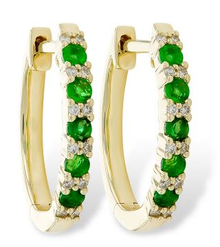 14K Emerald & Diamond Hoop Earrings