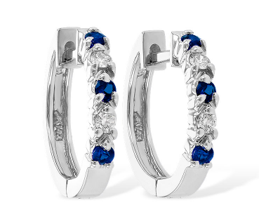 14K Blue Sapphire Diamond Huggie Hoop Earrings