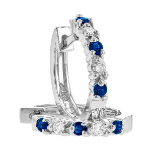 14K Blue Sapphire Diamond Huggie Hoop Earrings