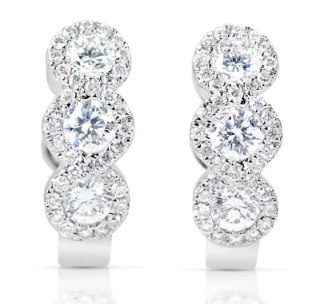 14K 3-Diamond Halo Huggie Hoop Earrings