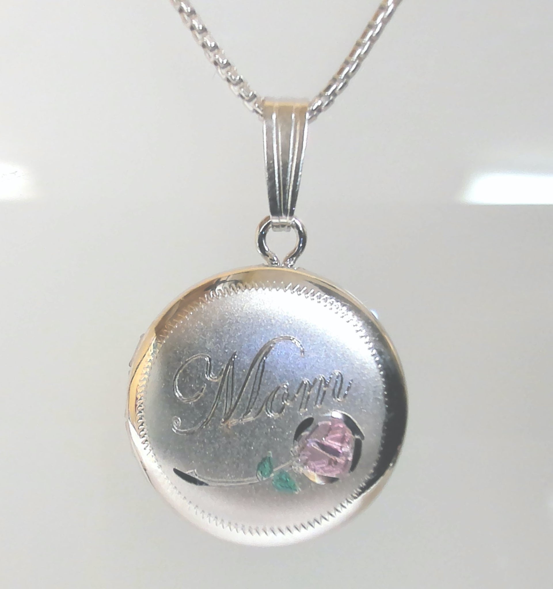 18" Sterling Mom w/Rose Round Locket Necklace