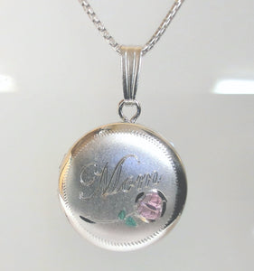 18" Sterling Mom w/Rose Round Locket Necklace