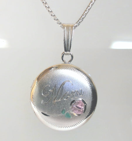 18" Sterling Mom w/Rose Round Locket Necklace
