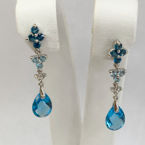 14k Blue Topaz & Melee Diamond Dangle Earrings