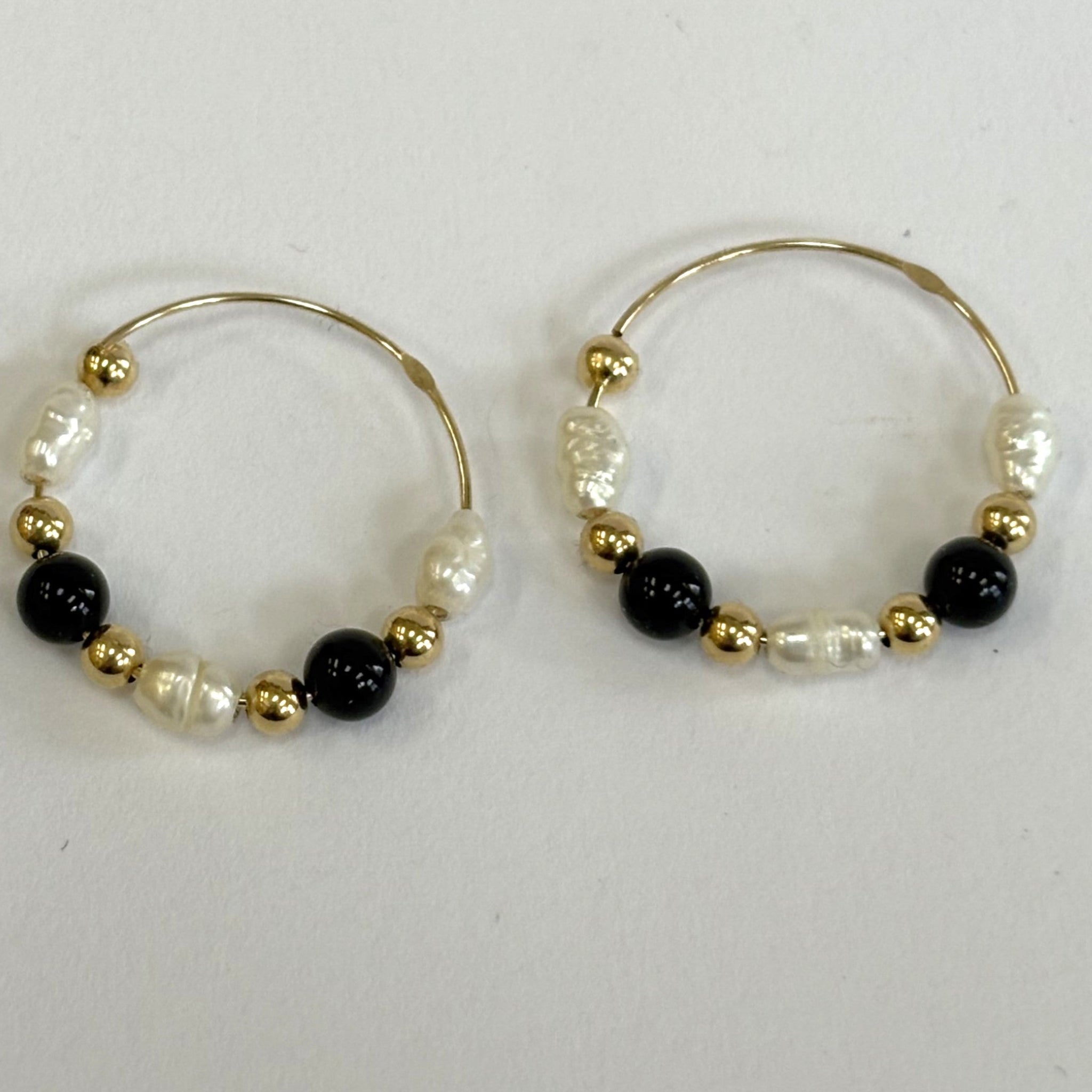 14K Freshwater Pearls, Black Onyx & Gold Bead Hoops