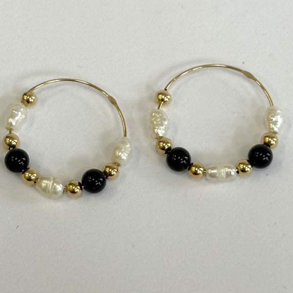 14K Freshwater Pearls, Black Onyx & Gold Bead Hoops