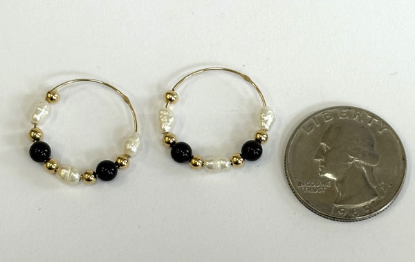 14K Freshwater Pearls, Black Onyx & Gold Bead Hoops
