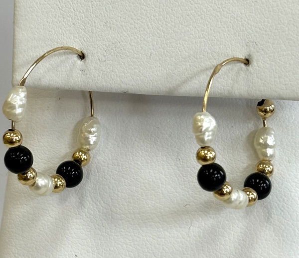 14K Freshwater Pearls, Black Onyx & Gold Bead Hoops