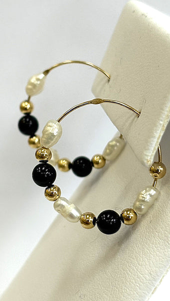 14K Freshwater Pearls, Black Onyx & Gold Bead Hoops