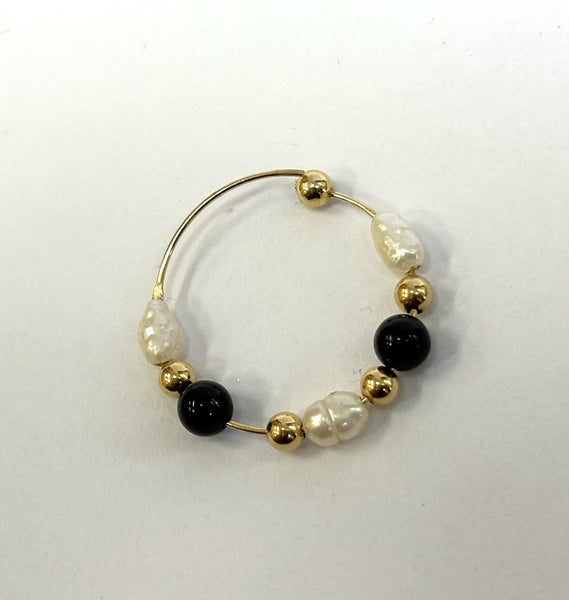 14K Freshwater Pearls, Black Onyx & Gold Bead Hoops