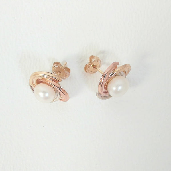 14K Tri-Color Freshwater Pearl Stud Earrings
