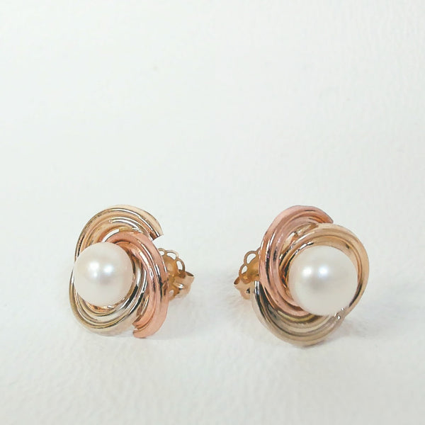14K Tri-Color Freshwater Pearl Stud Earrings