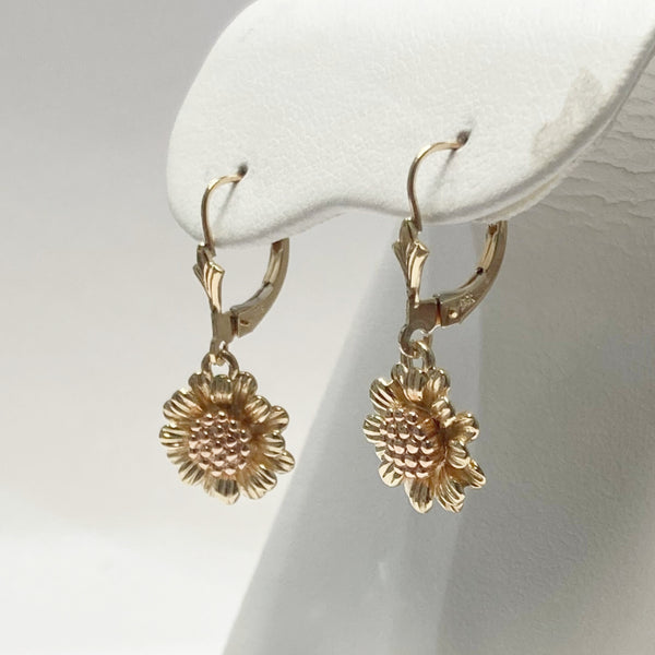 14K Sunflower Lever-Back Earrings