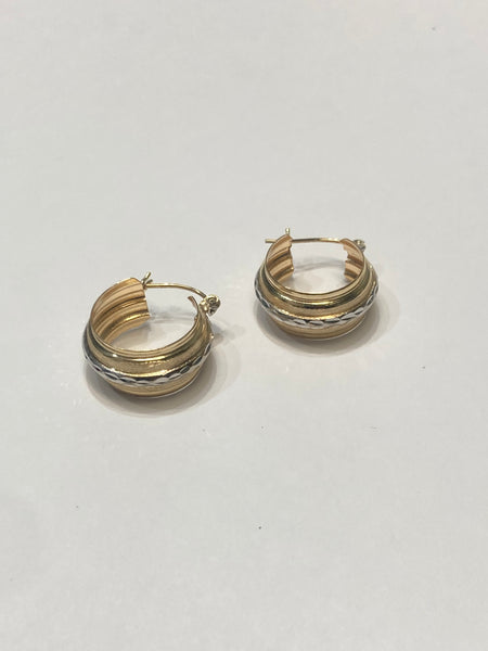 14k Two-Tone Diamond-Cut/Satin Wide Hoops