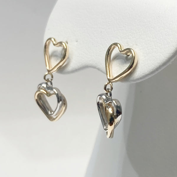 14k Double Heart Dangle Earrings