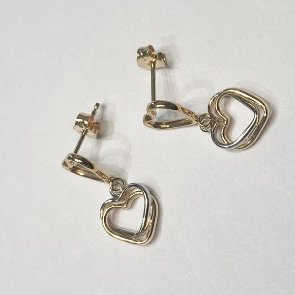 14k Double Heart Dangle Earrings