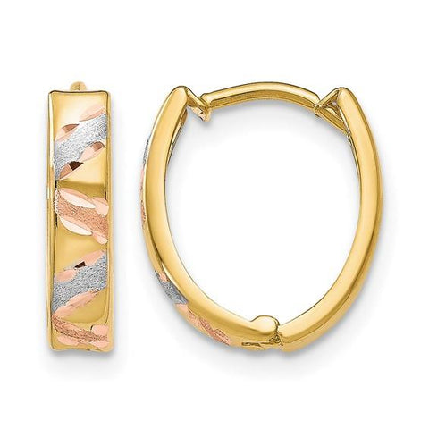 10k Tri-Color Multi-Textured Oval Huggie Hoop Earrings