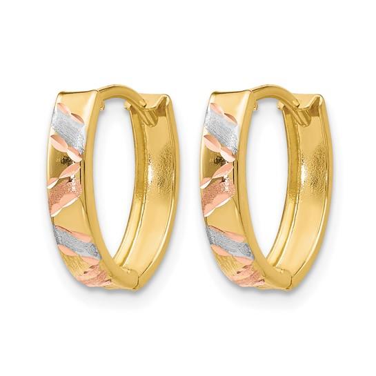 10k Tri-Color Multi-Textured Oval Huggie Hoop Earrings