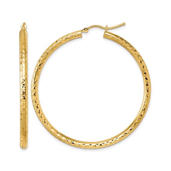 10K 3mm Diamond-Cut Large Round Hoop Earrings
