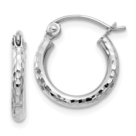 14k White Gold Diamond-Cut 2mm Round Hoop Earrings
