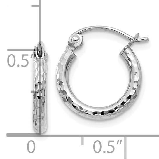 14k White Gold Diamond-Cut 2mm Round Hoop Earrings