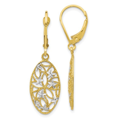 10k Two-Tone Oval Diamond-Cut Star Lever-Back Earrings
