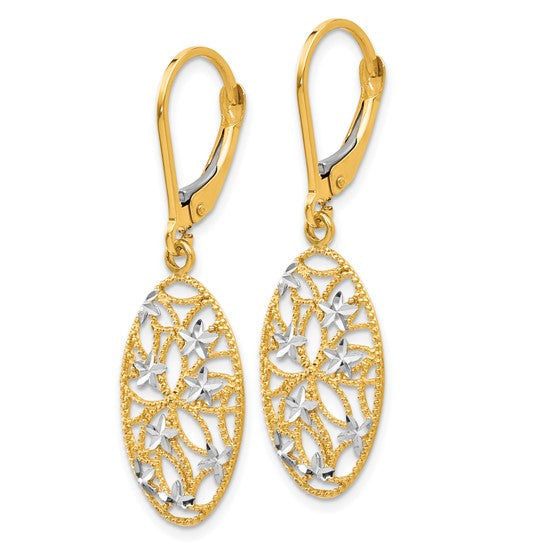 10k Two-Tone Oval Diamond-Cut Star Lever-Back Earrings