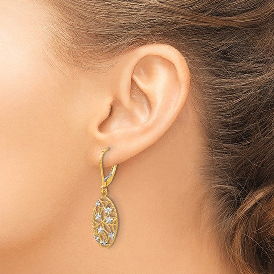 10k Two-Tone Oval Diamond-Cut Star Lever-Back Earrings